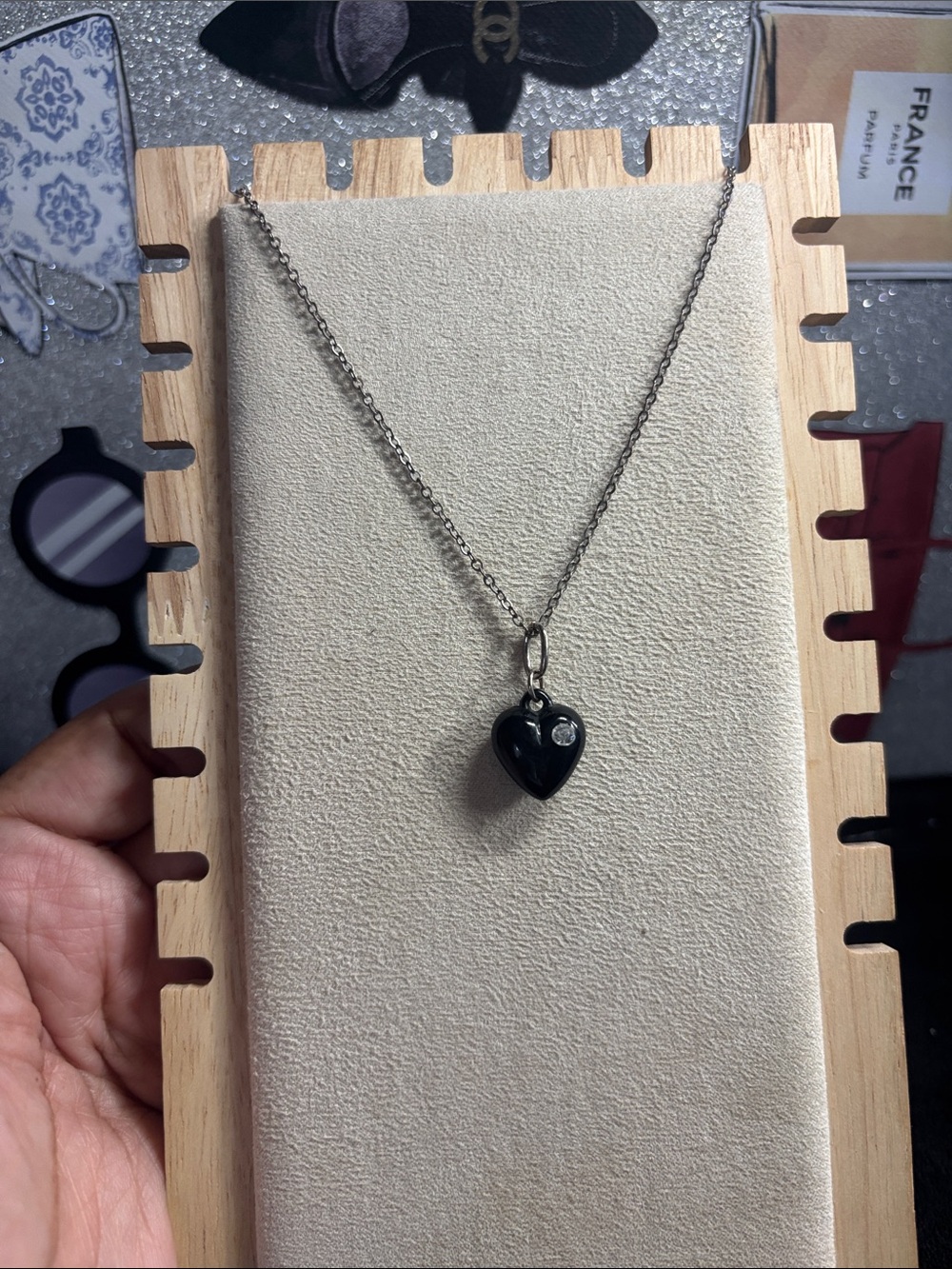 24” Black Heart Pendant Necklace with Silver-Tone Chain